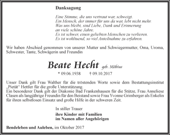 Traueranzeige von Beate Hecht  von Thüringer Allgemeine