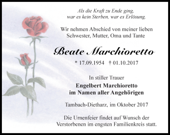 Traueranzeige von Beate Marchioretto von Ostthüringer Zeitung, Thüringische Landeszeitung