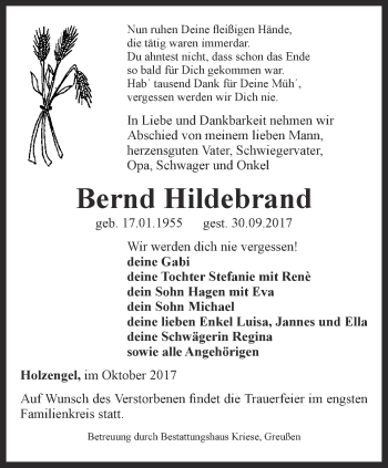 Traueranzeige von Bernd Hildebrand von Thüringer Allgemeine