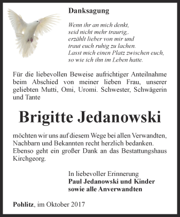Traueranzeige von Brigitte Jedanowski von Ostthüringer Zeitung