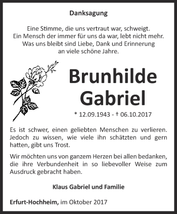 Traueranzeige von Brunhilde Gabriel von Thüringer Allgemeine, Thüringische Landeszeitung