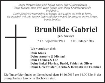 Traueranzeige von Brunhilde Gabriel von Thüringer Allgemeine, Thüringische Landeszeitung