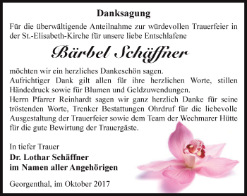 Traueranzeige von Bärbel Schäffner von Ostthüringer Zeitung, Thüringische Landeszeitung