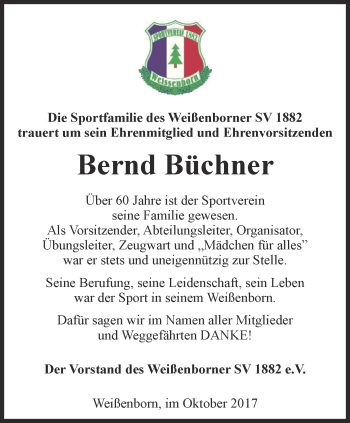 Traueranzeige von Büchner Bernd von Ostthüringer Zeitung