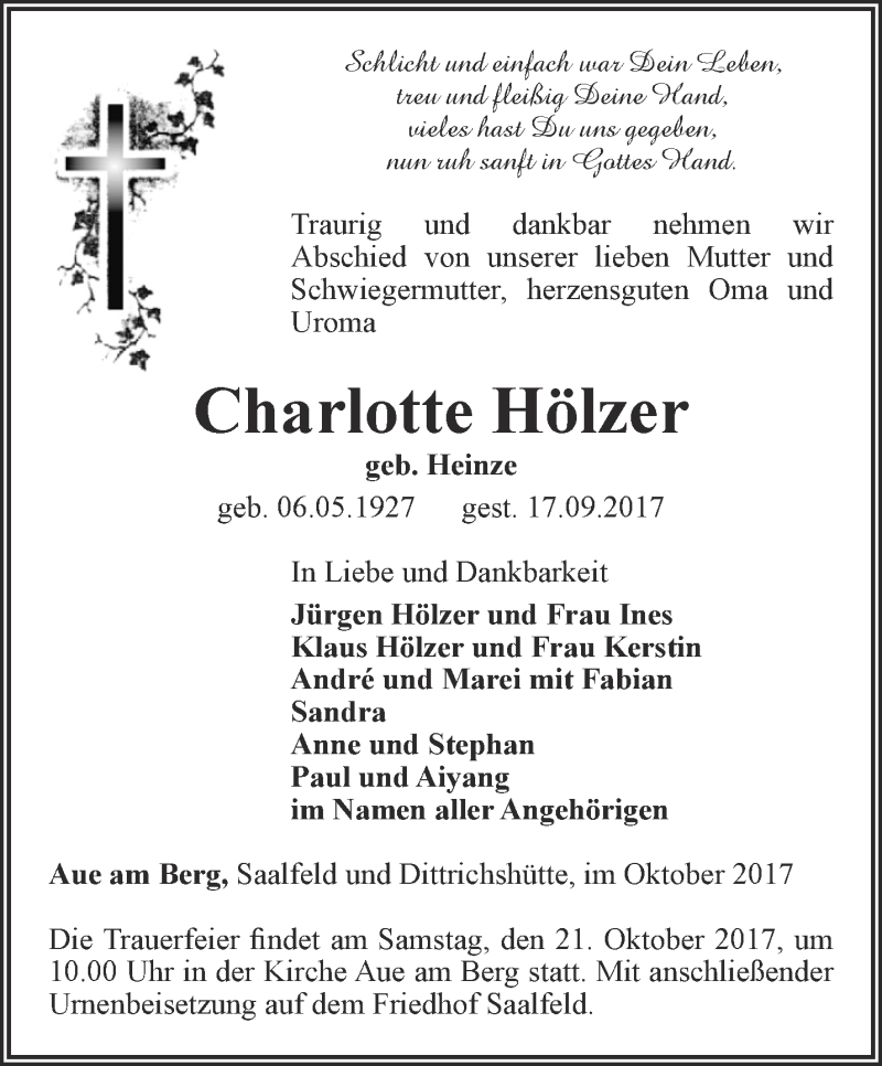  Traueranzeige für Charlotte Hölzer vom 14.10.2017 aus Ostthüringer Zeitung