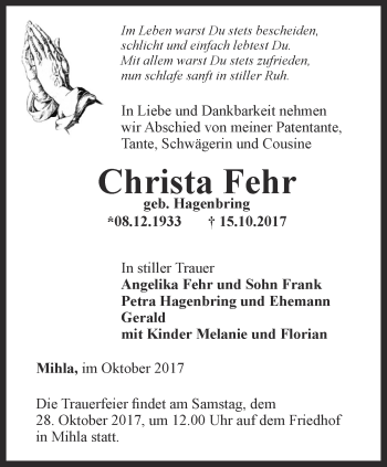 Traueranzeige von Christa Fehr von Thüringer Allgemeine, Thüringische Landeszeitung