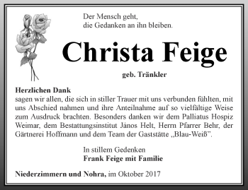 Traueranzeige von Christa Feige von Thüringer Allgemeine, Thüringische Landeszeitung