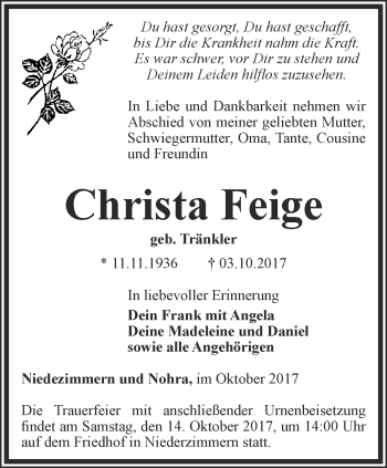 Traueranzeige von Christa Feige von Thüringer Allgemeine, Thüringische Landeszeitung