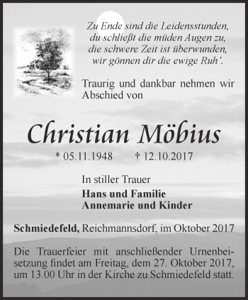 Traueranzeige von Christian Möbius von Ostthüringer Zeitung