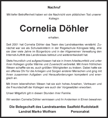 Traueranzeige von Cornelia Döhler von Ostthüringer Zeitung