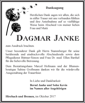 Traueranzeige von Dagmar Janke von Ostthüringer Zeitung