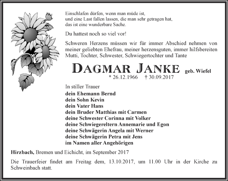  Traueranzeige für Dagmar Janke vom 07.10.2017 aus Ostthüringer Zeitung
