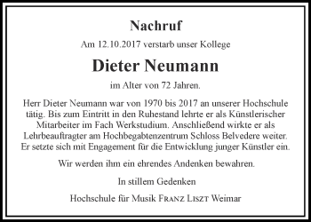 Traueranzeige von Dieter Neumann von Thüringer Allgemeine, Thüringische Landeszeitung