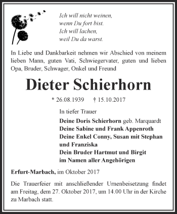 Traueranzeige von Dieter Schierhorn von Thüringer Allgemeine, Thüringische Landeszeitung