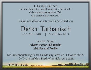 Traueranzeige von Dieter Turbanisch von Thüringer Allgemeine, Thüringische Landeszeitung