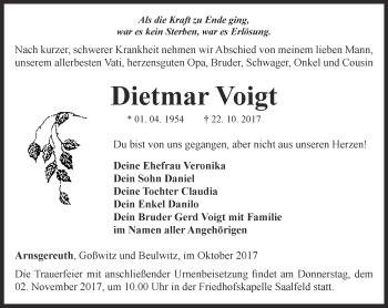 Traueranzeige von Dietmar Voigt von Ostthüringer Zeitung