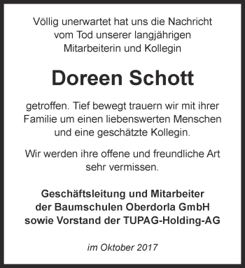 Traueranzeige von Doreen Schott von Thüringer Allgemeine, Thüringische Landeszeitung