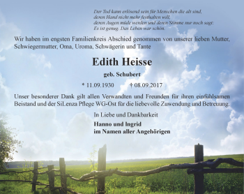 Traueranzeige von Edith Heisse von Ostthüringer Zeitung, Thüringische Landeszeitung