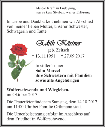 Traueranzeige von Edith Kästner von Thüringer Allgemeine