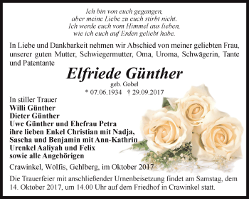 Traueranzeige von Elfriede Günther von Ostthüringer Zeitung, Thüringische Landeszeitung