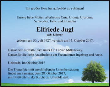 Traueranzeige von Elfriede Jugl von Ostthüringer Zeitung