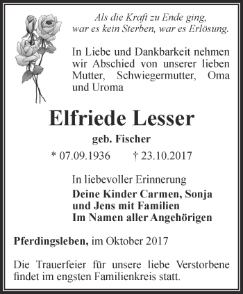 Traueranzeige von Elfriede Lesser von Ostthüringer Zeitung, Thüringische Landeszeitung