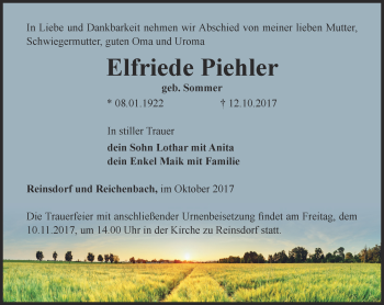 Traueranzeige von Elfriede Piehler von Ostthüringer Zeitung