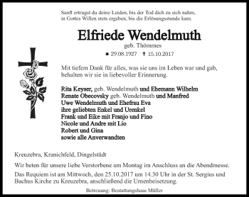 Traueranzeige von Elfriede Wendelmuth von Thüringer Allgemeine