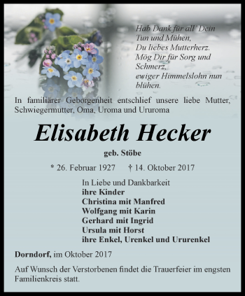 Traueranzeige von Elisabeth Hecker von Ostthüringer Zeitung, Thüringische Landeszeitung