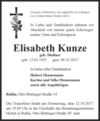 Traueranzeige von Elisabeth Kunze von Thüringer Allgemeine, Thüringische Landeszeitung