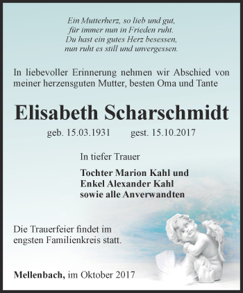 Traueranzeige von Elisabeth Scharschmidt von Ostthüringer Zeitung