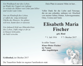 Traueranzeige von Elisabeth Maria Fischer von Ostthüringer Zeitung