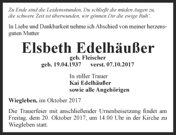 Traueranzeige von Elsbeth Edelhäußer von Ostthüringer Zeitung, Thüringische Landeszeitung