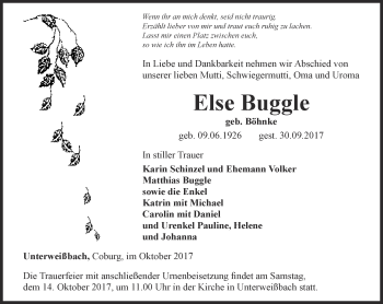 Traueranzeige von Else Buggle von Ostthüringer Zeitung