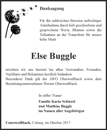 Traueranzeige von Else Buggle von Ostthüringer Zeitung