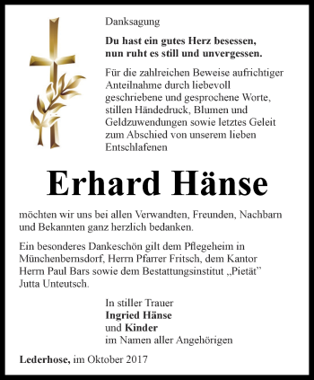 Traueranzeige von Erhard Hänse von Ostthüringer Zeitung