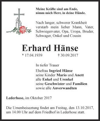 Traueranzeige von Erhard Hänse von Ostthüringer Zeitung
