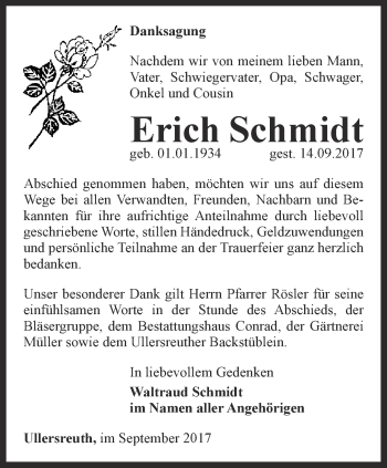 Traueranzeige von Erich Schmidt von Ostthüringer Zeitung