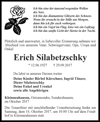 Traueranzeige von Erich Silabetzschky von Thüringer Allgemeine