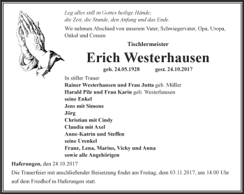 Traueranzeige von Erich Westerhausen von Thüringer Allgemeine