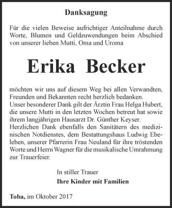 Traueranzeige von Erika Becker von Thüringer Allgemeine