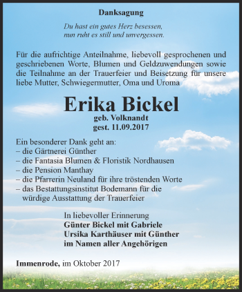 Traueranzeige von Erika Bickel von Thüringer Allgemeine