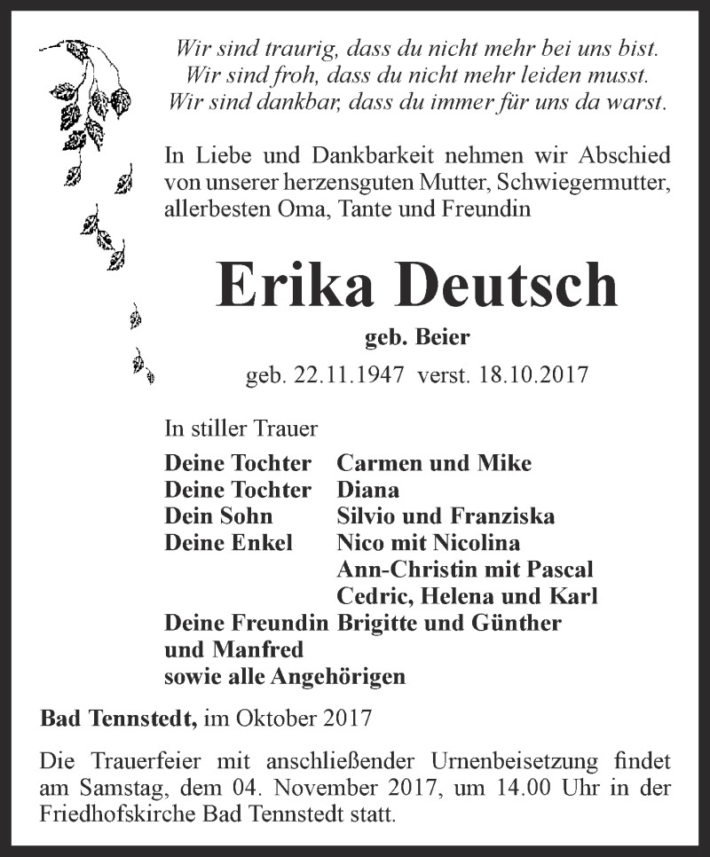  Traueranzeige für Erika Deutsch vom 28.10.2017 aus Thüringer Allgemeine