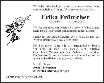 Traueranzeige von Erika Frömchen von Thüringer Allgemeine, Thüringische Landeszeitung