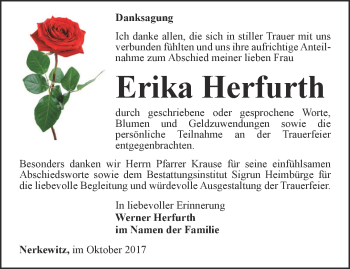 Traueranzeige von Erika Herfurth von Ostthüringer Zeitung, Thüringische Landeszeitung
