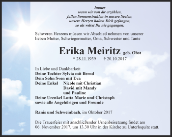 Traueranzeige von Erika Meiritz von Ostthüringer Zeitung