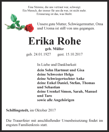 Traueranzeige von Erika Rohe von Thüringer Allgemeine