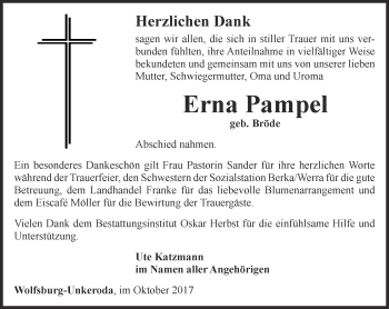 Traueranzeige von Erna Pampel von Thüringer Allgemeine, Thüringische Landeszeitung