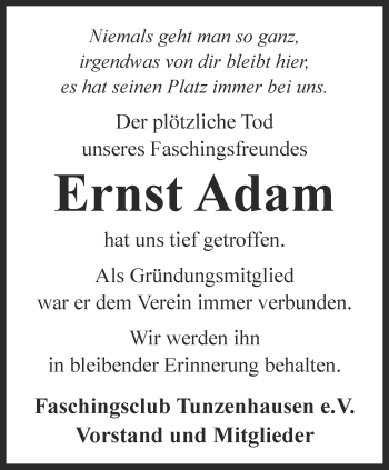 Traueranzeige von Ernst Adam von Thüringer Allgemeine