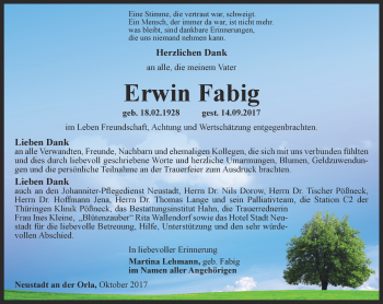 Traueranzeige von Erwin Fabig